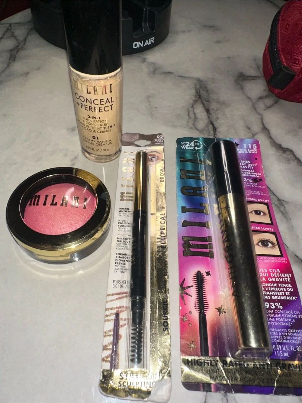 Milani Makeup Bundle with Red Cosmetic Bag and Pink Blush
